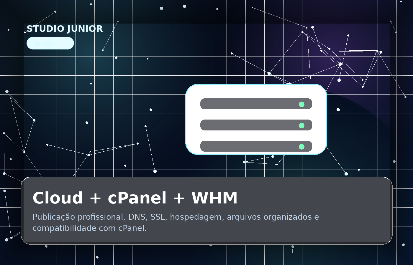 Arte futurista de cloud, cPanel, WHM e Cloudflare